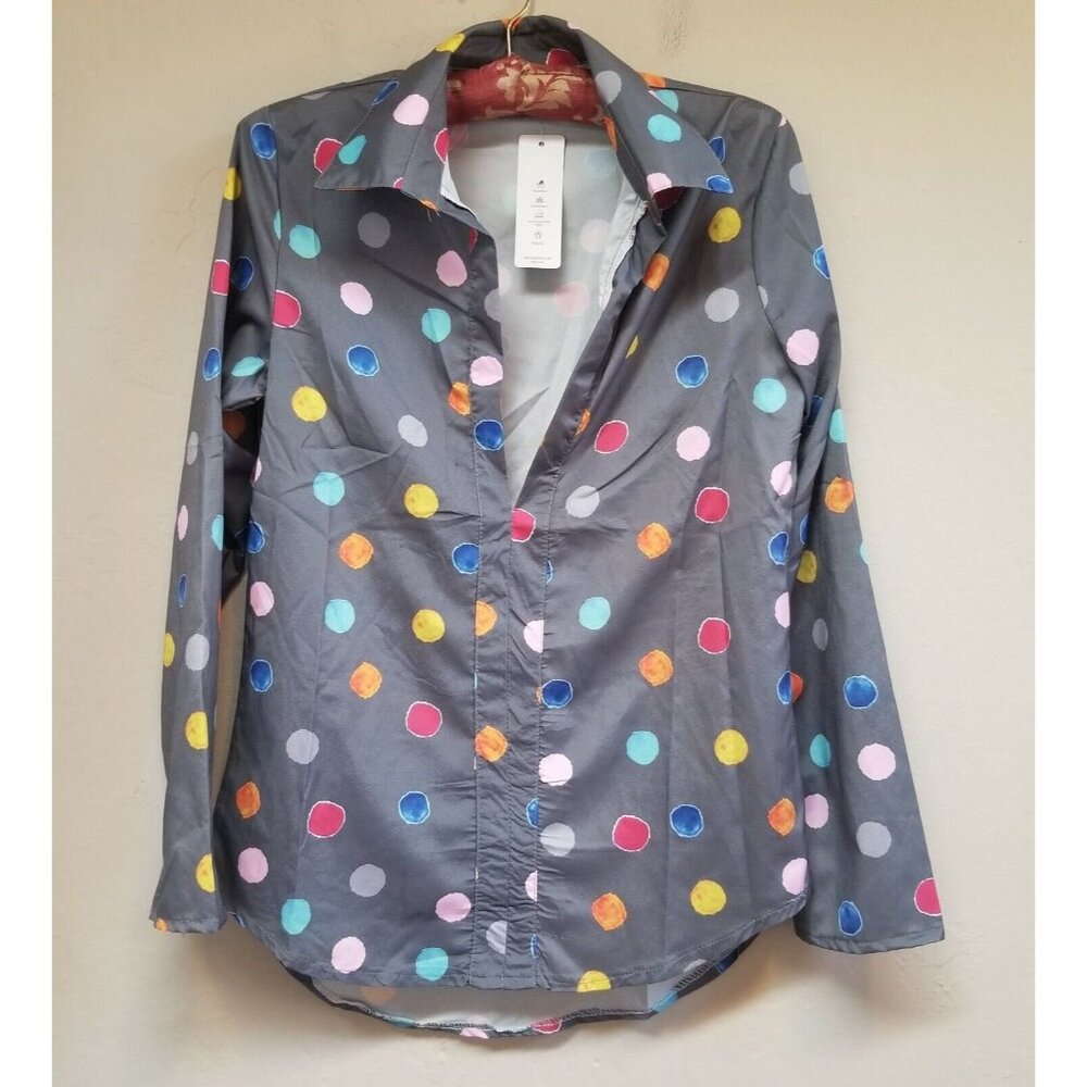 New OC Order Top Plus Women Small Gray Polka Dot Collared Blouse Top Long Sleeve